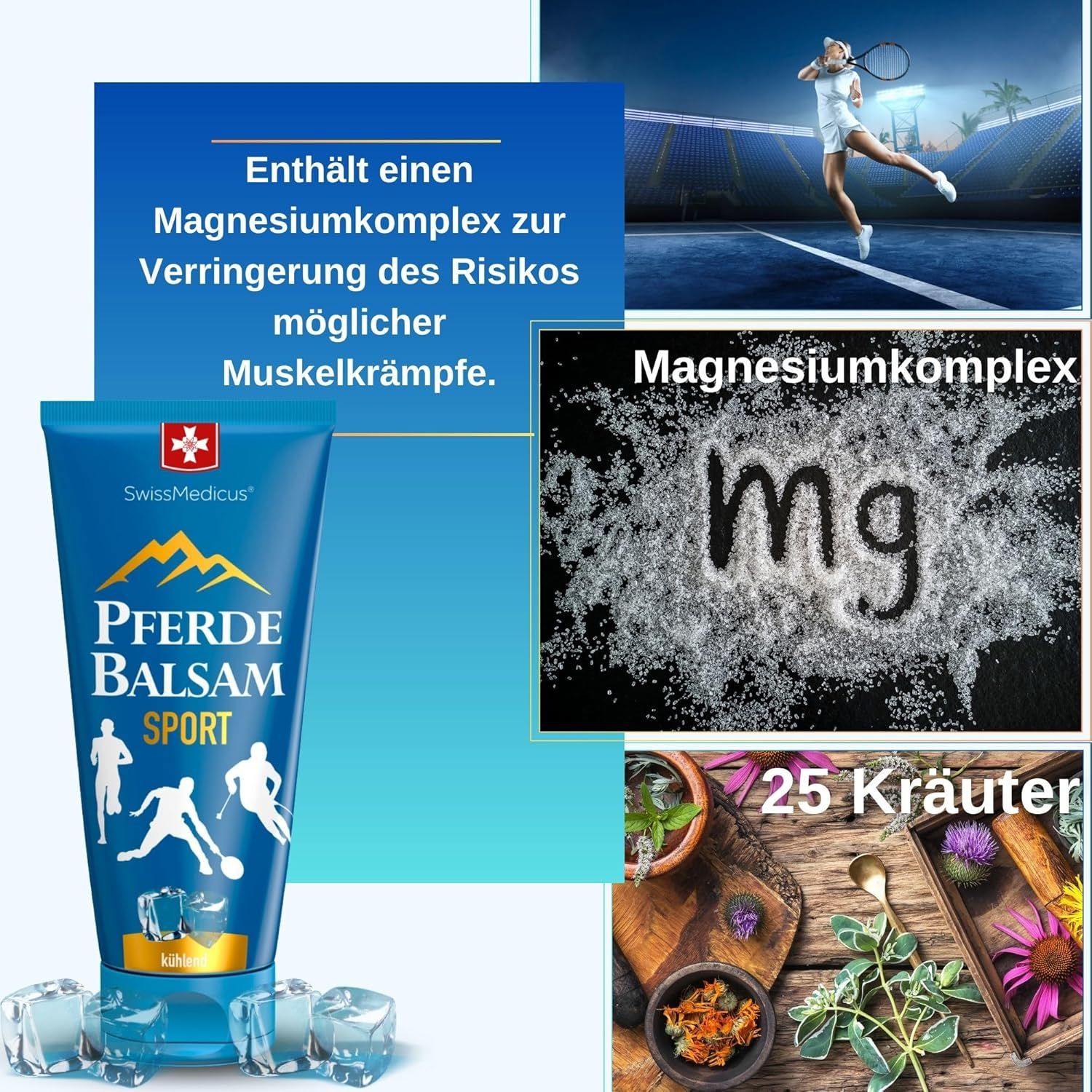 Blauwe tube "Pferde Balsam Sport". SwissMedicus-logo. Magnesiumcomplex. Kruiden. Tennisster. IJsblokjes.