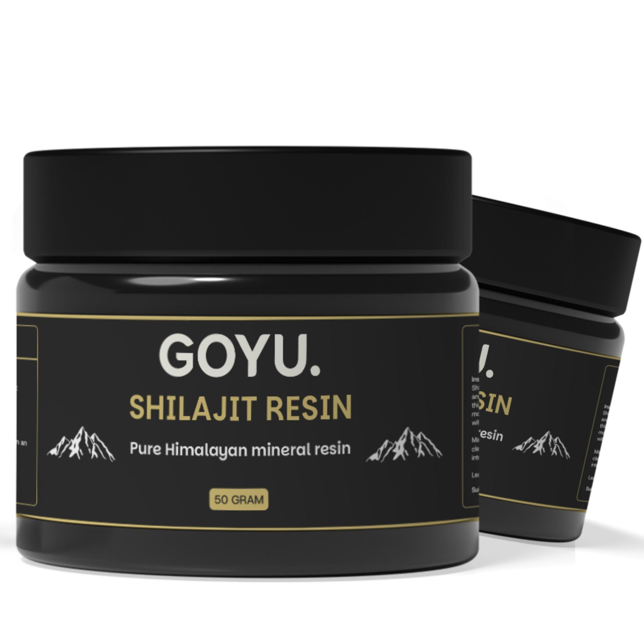 Pot noir de résine de shilajit. Inscription : GOYU. Shilajit Resin, 50 grammes.