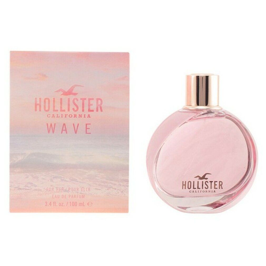 Ronde roze flacon en bijpassende doos. Opschrift: Hollister California Wave. Eau de parfum spray.