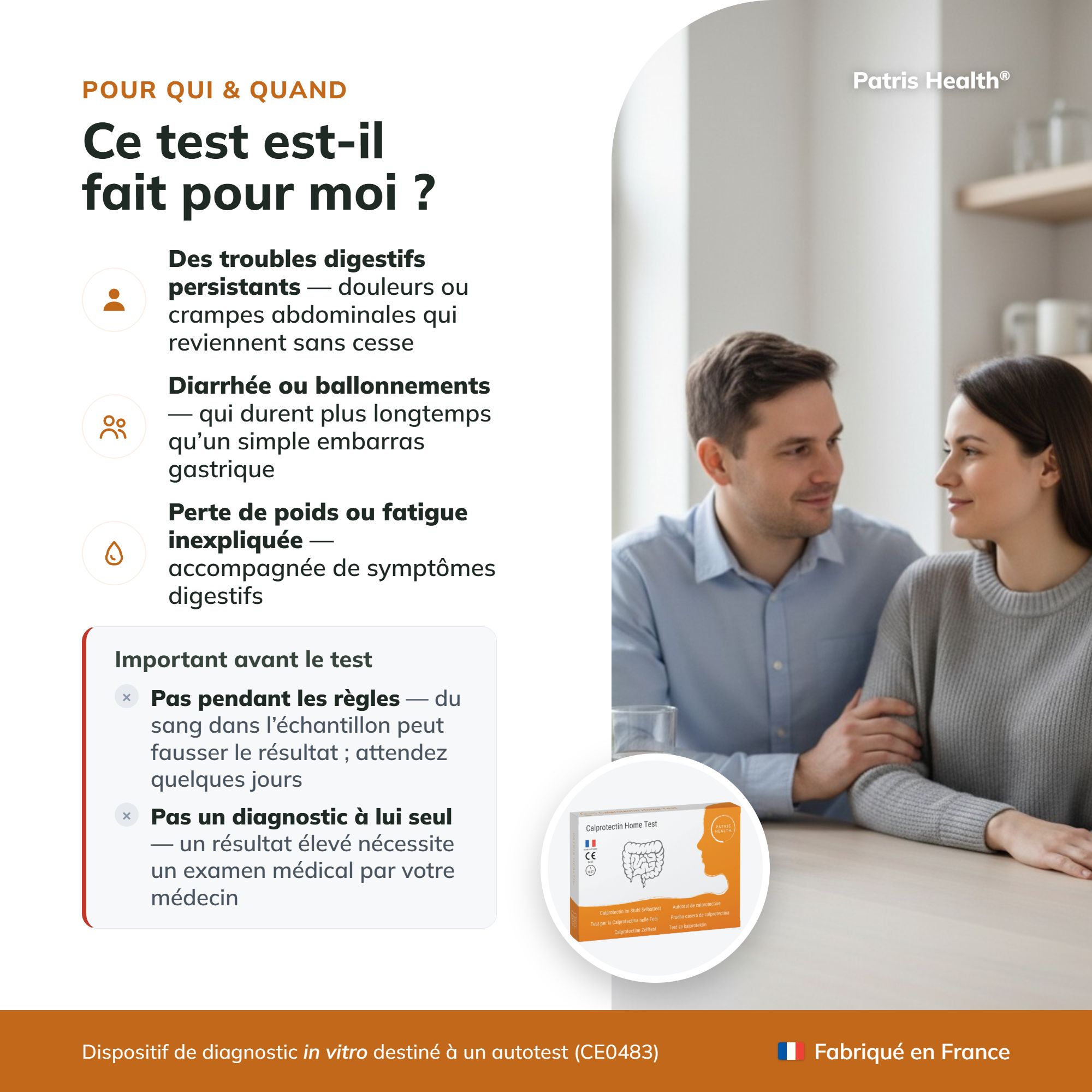 Version française : Pour qui le test Calprotectin est-il adapté, avec un couple en arrière-plan.