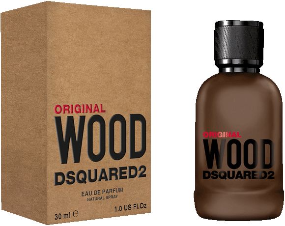 Bruine fles en doos. Opschrift: Original Wood Dsquared2. 30 ml. Eau de Parfum.