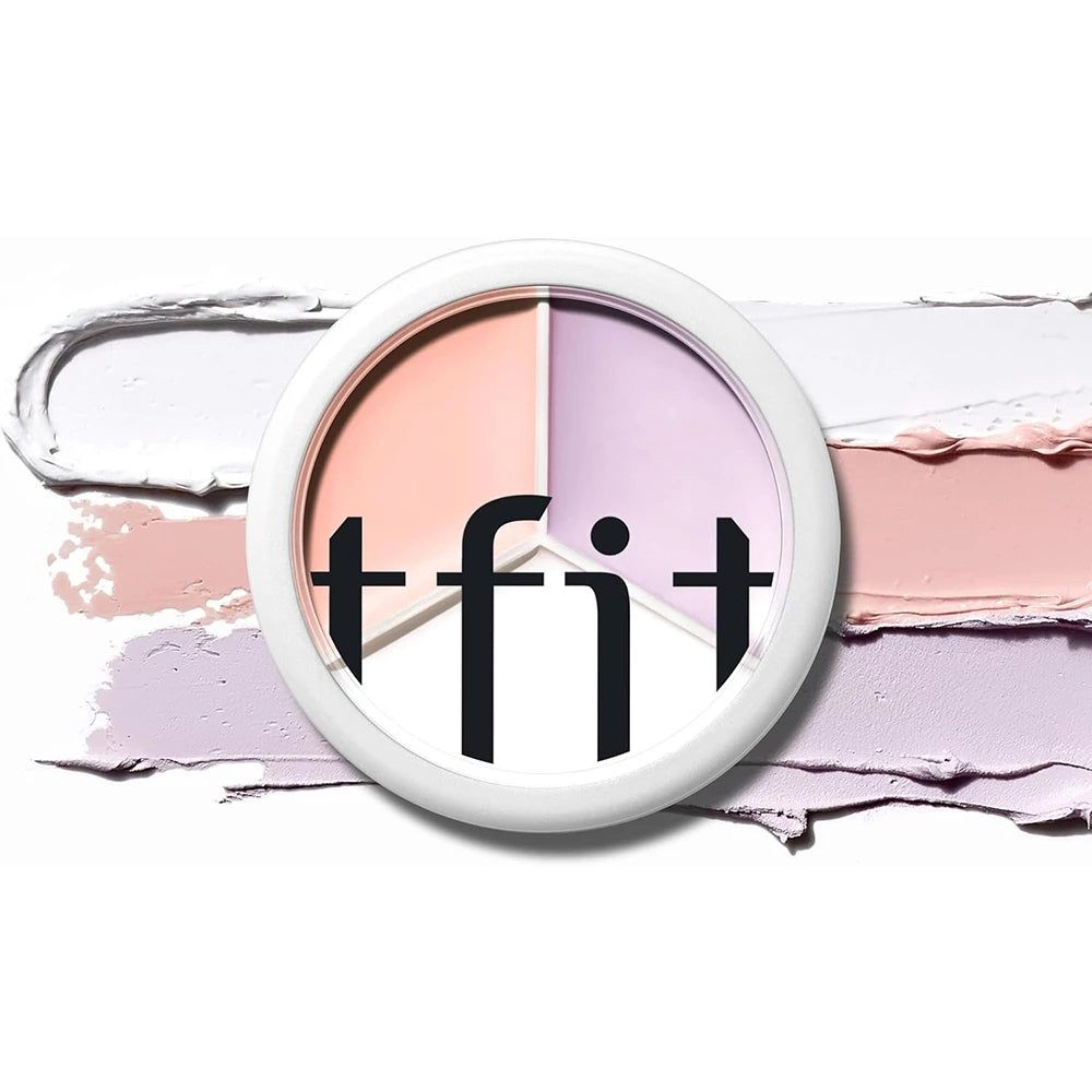 Contenant rond avec trois zones colorées: blanc, rose et lilas. Texte: TFIT et B01 CORRECTOR.