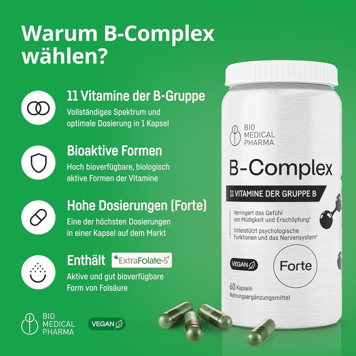 Flacon Bio Medical Pharma B-Complex de 60 gélules et gélules détachées.