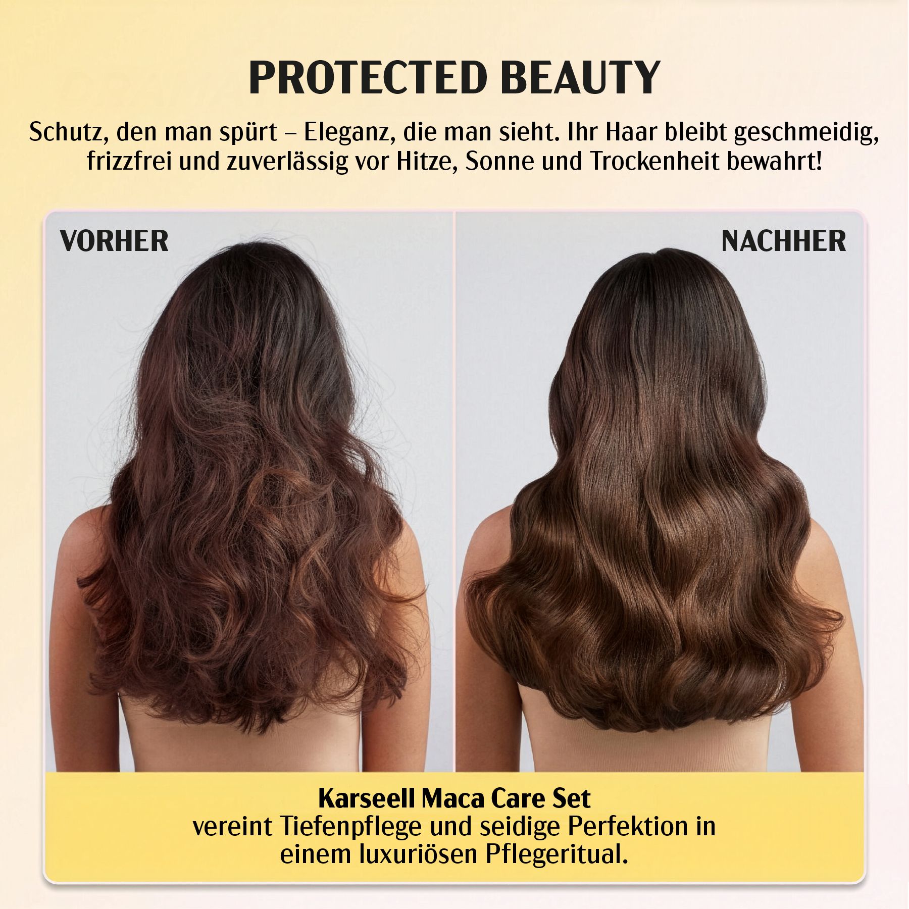 Voor-en-na vergelijking van haar na gebruik van een verzorgingsproduct. Voor: kroeshaar, dof. Na: glanzend, glad haar.