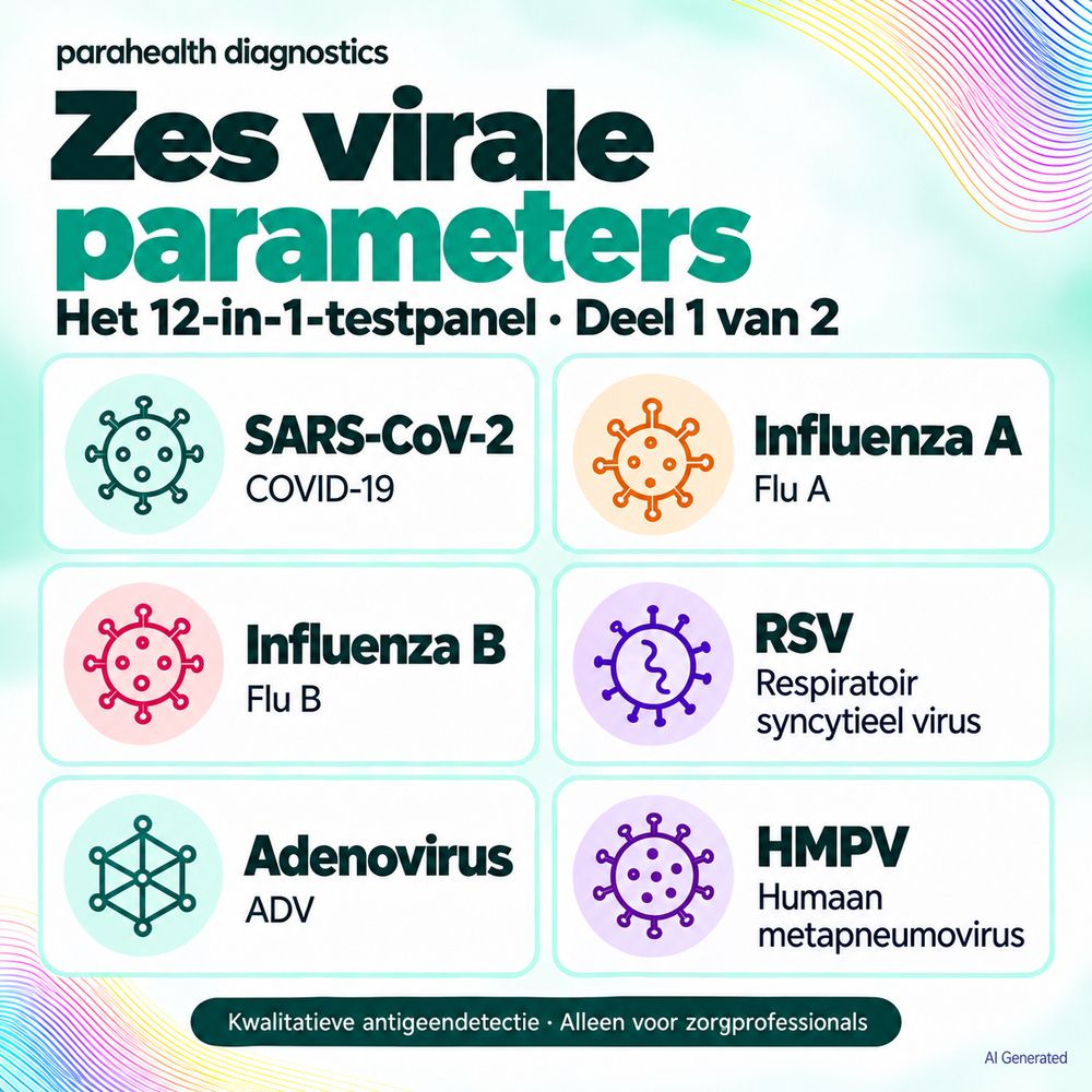 Zes virale parameters van de 12-in-1 test: SARS-CoV-2, Influenza A, Influenza B, RSV, Adenovirus, HMPV.