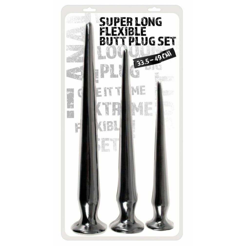 Set van drie zwarte, flexibele anale plugs in verschillende maten in verpakking.