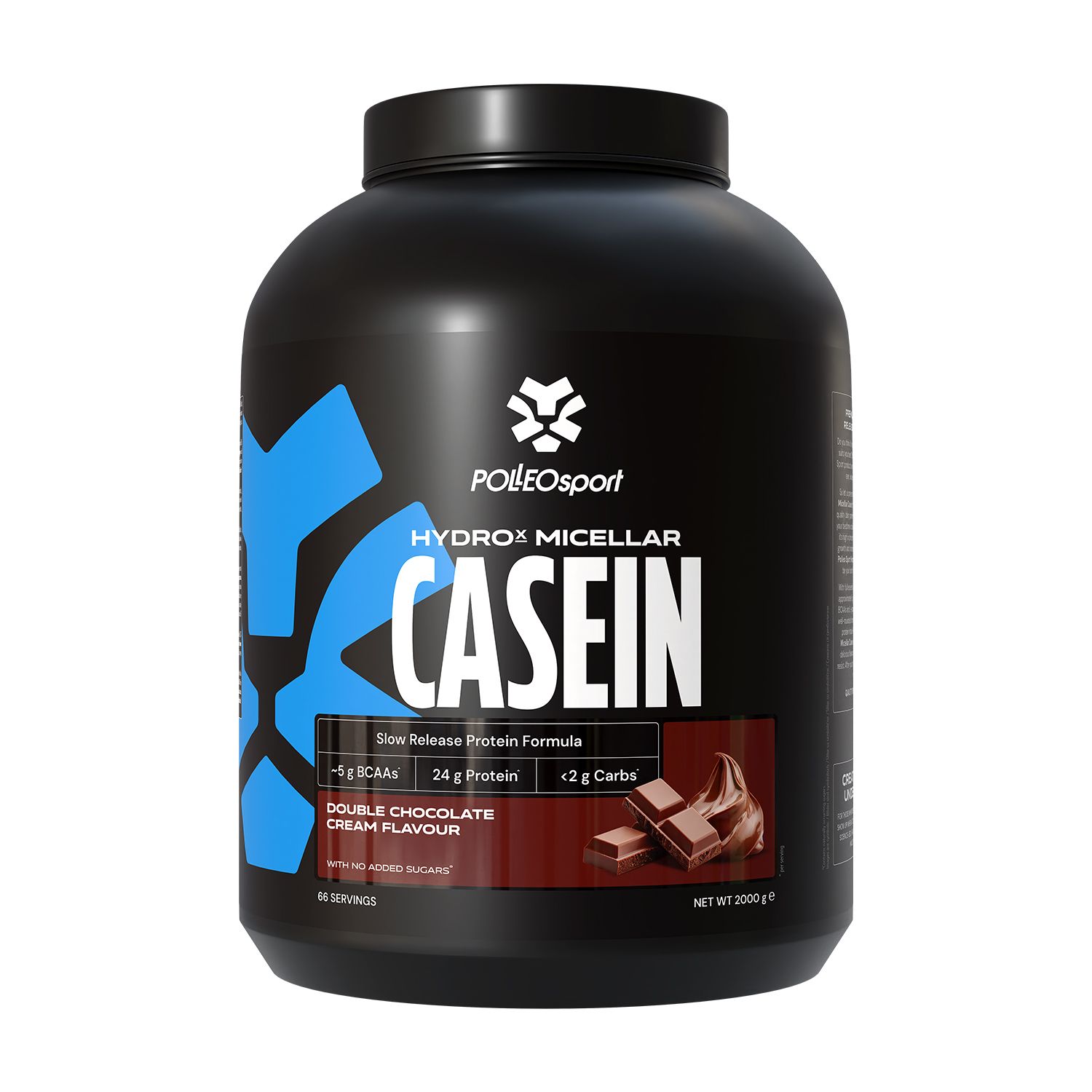 Zwarte pot "HYDROX MICELLAR CASEIN". Illustratie van chocolade. Tekst: "Double Chocolate Cream Flavour". 