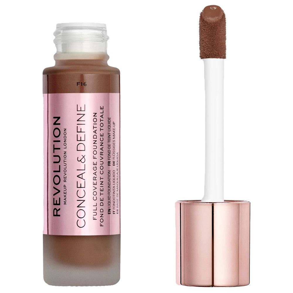 Vloeibare foundation in glazen fles met applicator. Roze etiket met productnaam en merk. Tint F16.