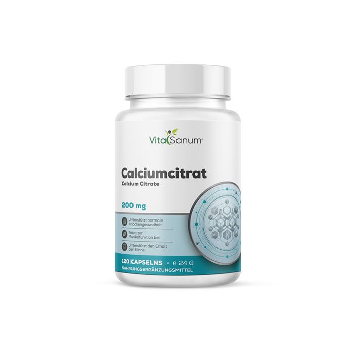 Witte fles VitaSanum® Calciumcitrate. Opschrift: Calciumcitrate, 200 mg, 120 capsules. Vegan-zegel.
