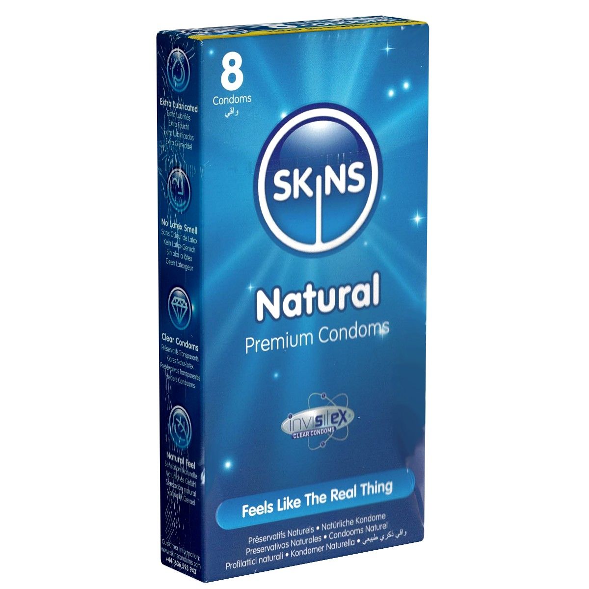 Blauw-witte verpakking met 8 condooms. Opschrift: SKINS Natural Premium Condoms. Tekst: Feels Like The Real Thing. Meertalige ingrediëntenlijst.