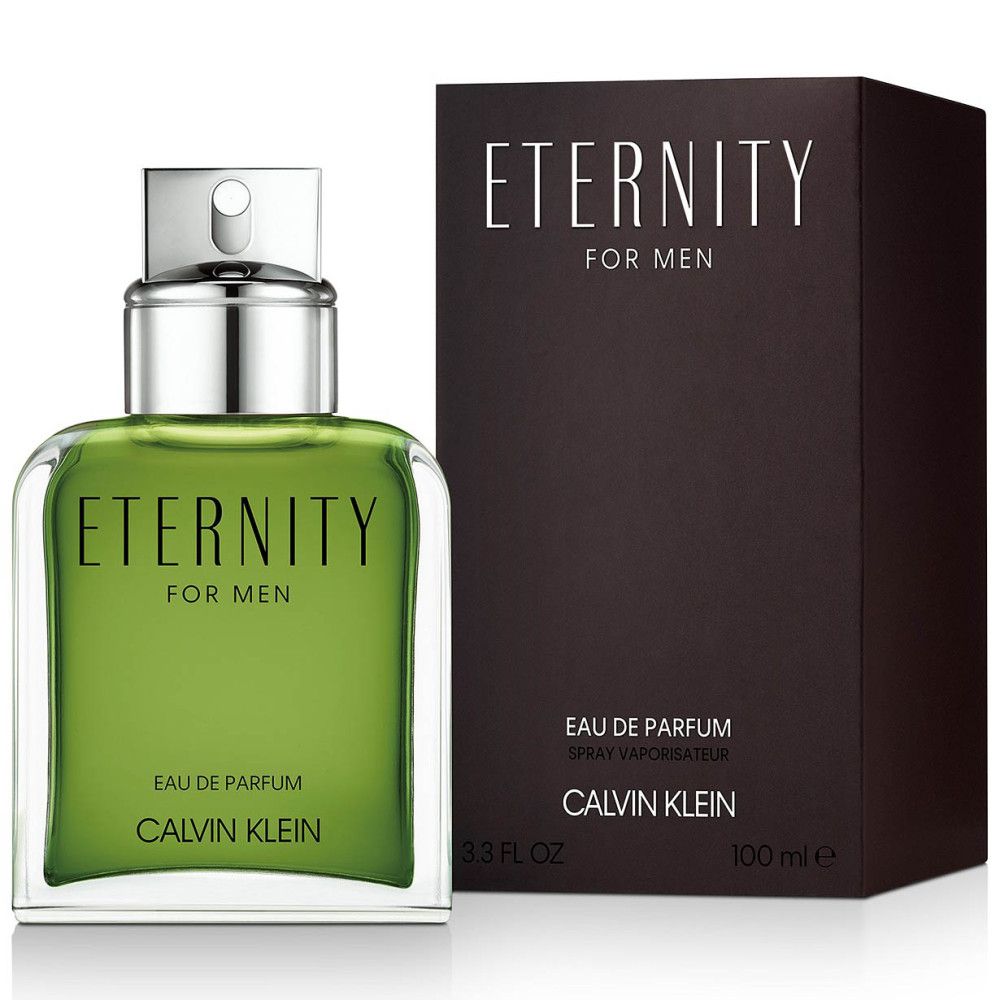 Flacon en verre et emballage. Inscription: ETERNITY FOR MEN, Eau de Parfum, CALVIN KLEIN. 100 ml.