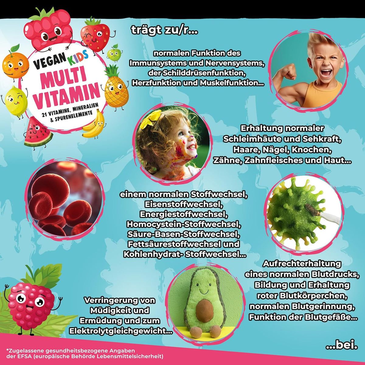 Reclamebord met illustraties en tekst. "Vegan Kids Multi Vitamin" en fruit. Tekst over functies en voordelen.