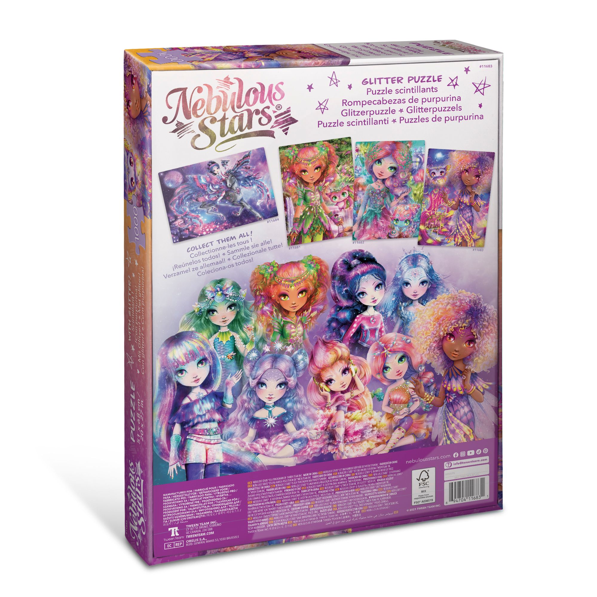 Dos de la boîte de puzzle. Logo Nebulous Stars. Illustrations de différents puzzles. Texte : Glitter Puzzle.