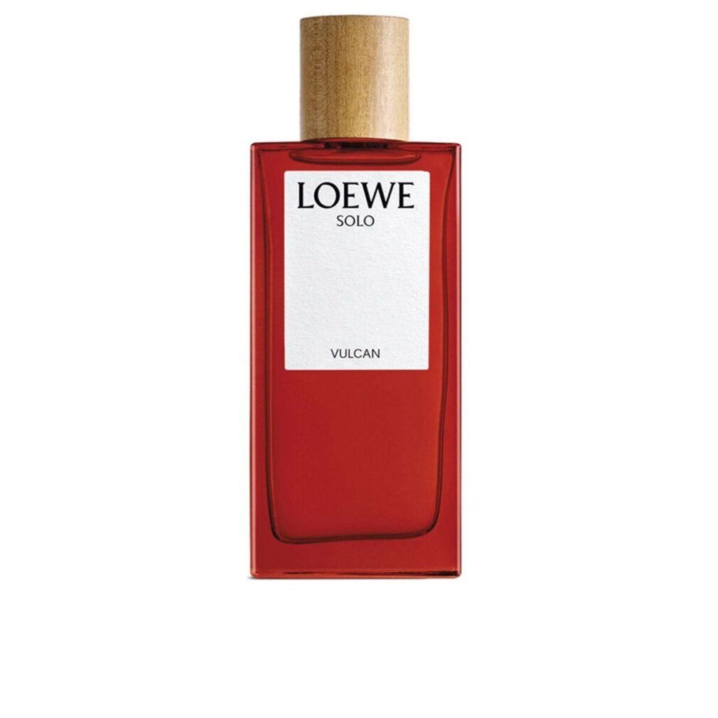Flacon Loewe Solo Vulcan Eau de Parfum. Flacon rouge rectangulaire avec bouchon en bois. Étiquette blanche avec logo et nom du produit.