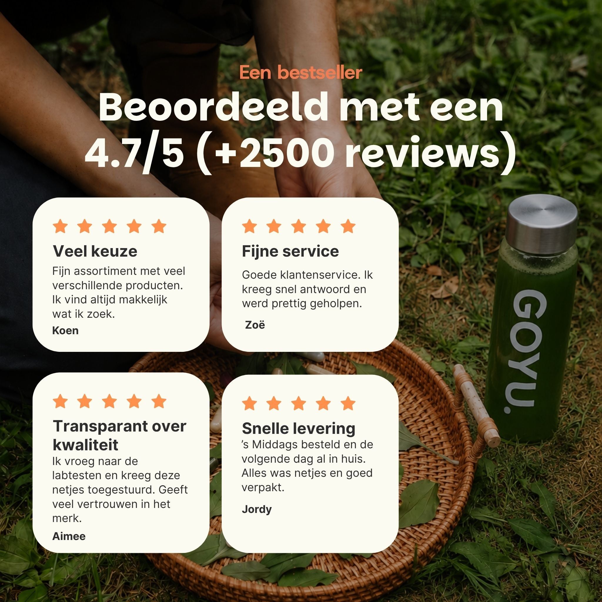 Groene GOYU drinkfles naast een mand met bladeren.