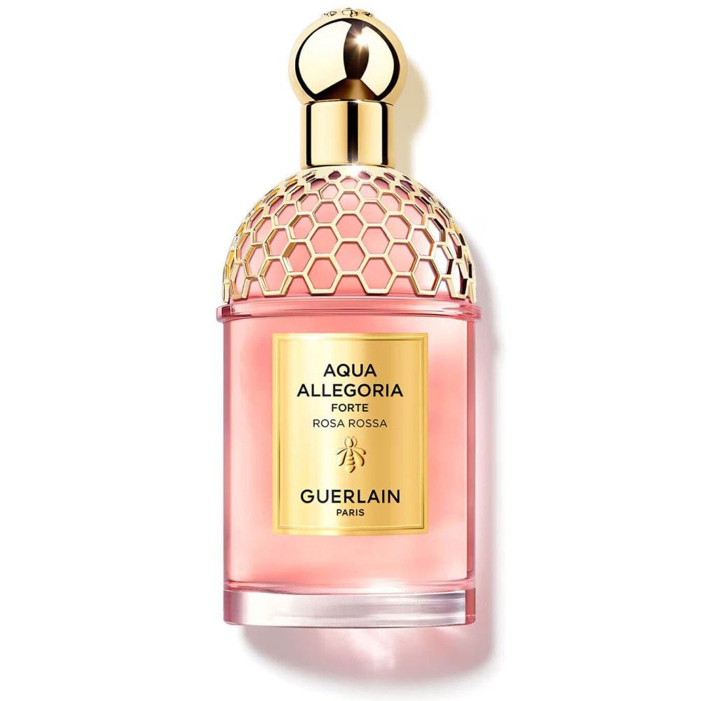 Ronde parfumfles met gouden dop en roze vloeistof. Op het etiket staat 'Aqua Allegoria Forte Rosa Rossa' en 'Guerlain'.