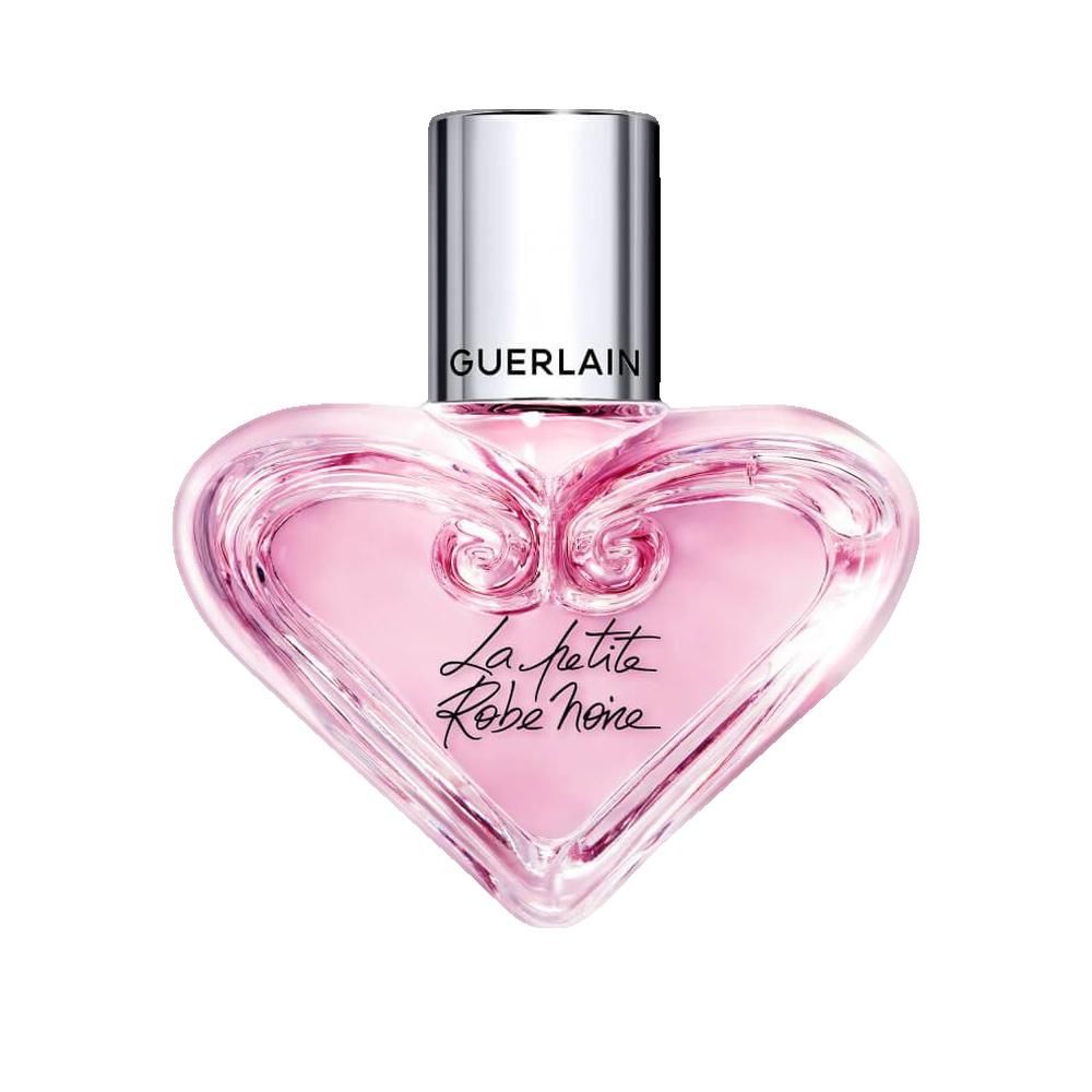 Roze hartvormige flacon met zilveren dop. Opschrift: La petite Robe noire. Merk: Guerlain.