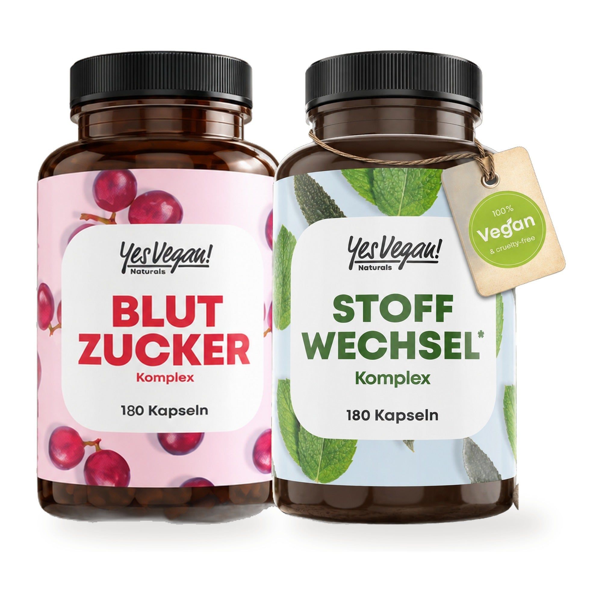 Deux bouteilles de compléments alimentaires YesVegan! : Lions Mane et Vitamine B12 Kompleks.