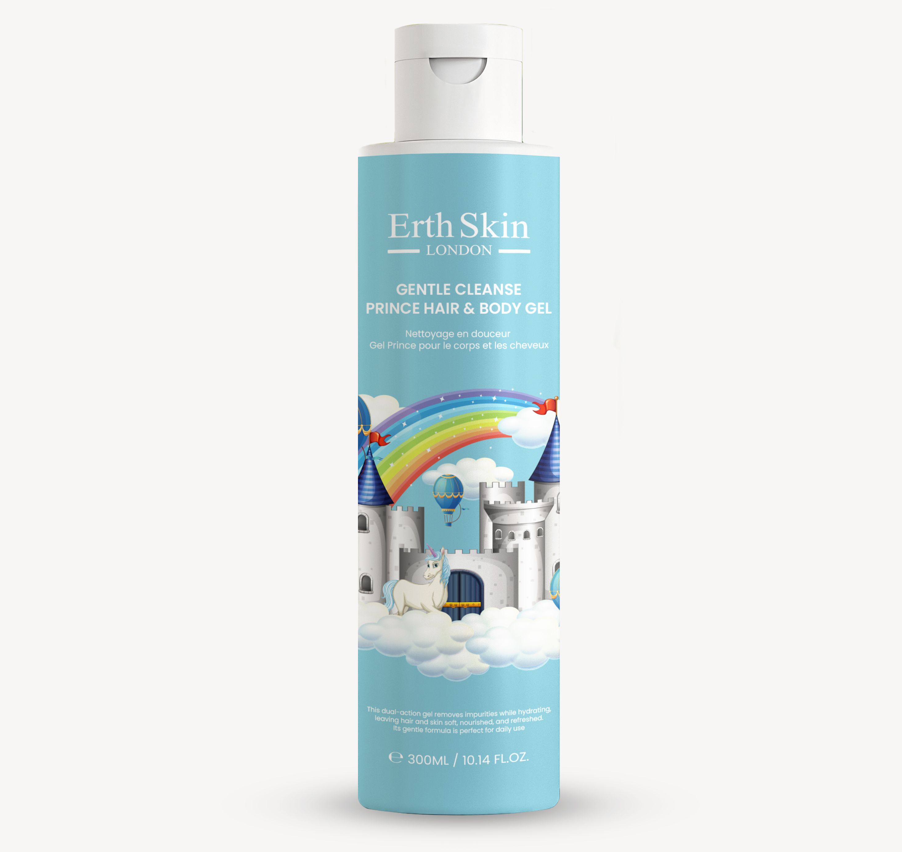 Lichtblauwe fles met witte dop. Opschrift: Erth Skin London, Gentle Cleanse Prince Hair & Body Gel. Illustratie: kasteel, regenboog, eenhoorn.