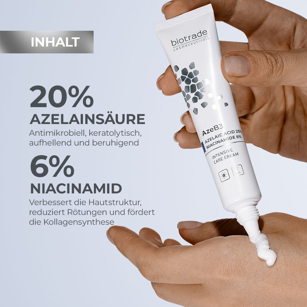 Tube blanc avec nom et texte du produit. Texte: 20% acide azélaïque, 6% niacinamide. Produit pressé hors du tube.