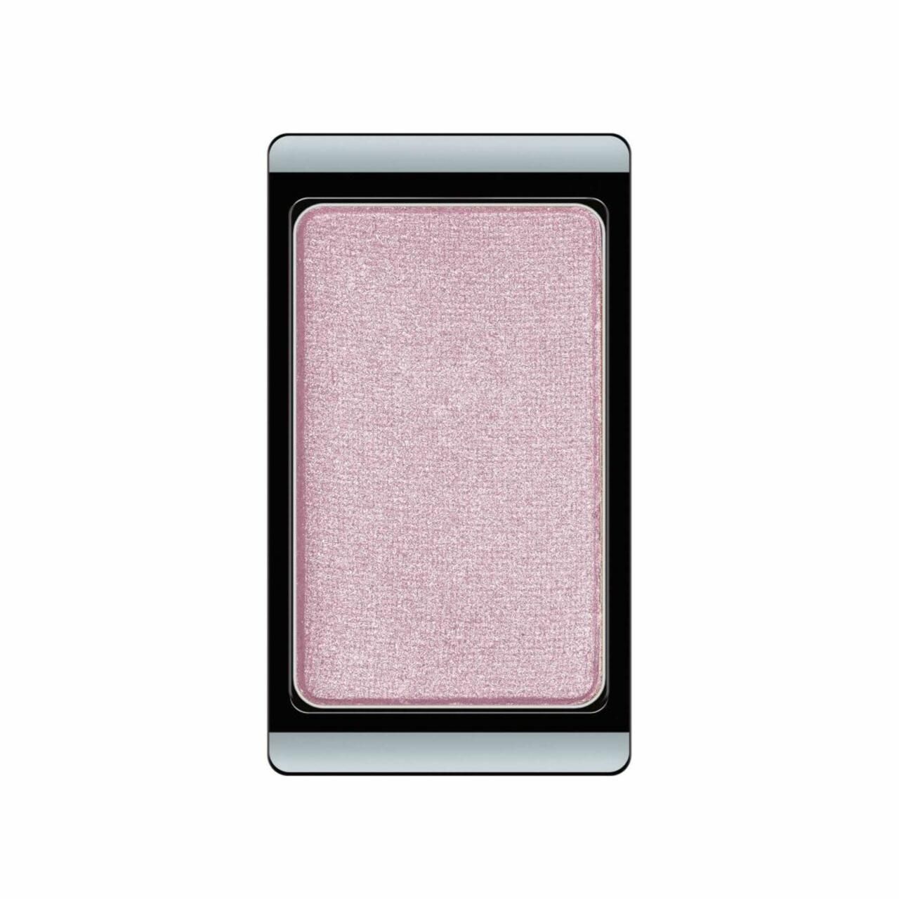 Artdeco oogschaduw. Rechthoekige vorm, roze tint, in zwarte lijst met zilveren rand.