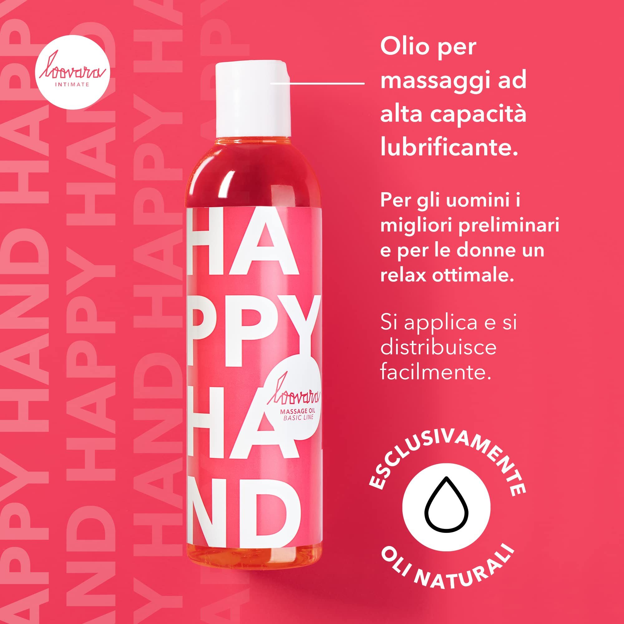 Bouteille d'huile de massage Loovara Happy Hand avec inscription 'HAPPY HAND'.