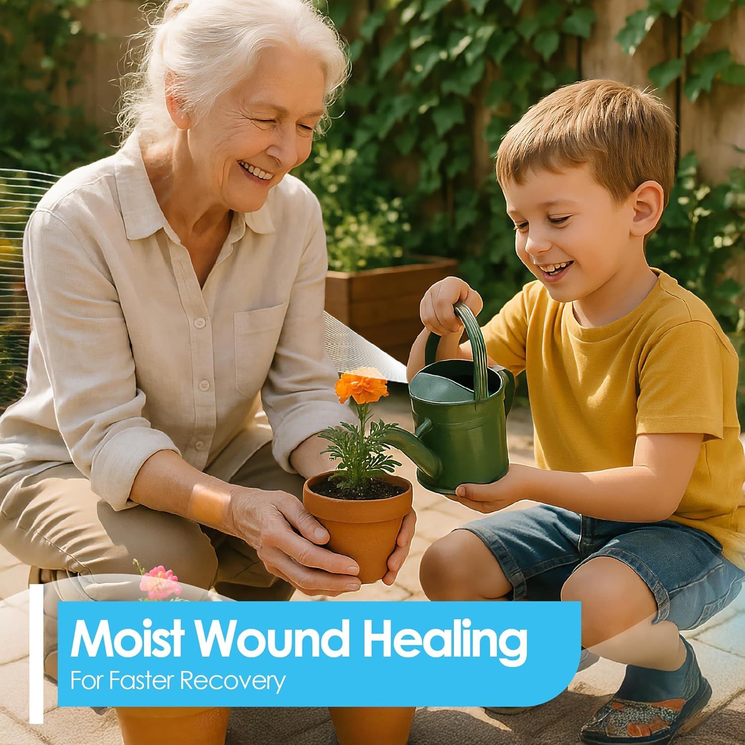Grand-mère et petit-fils plantant une fleur, avec le texte 'Moist Wound Healing'.