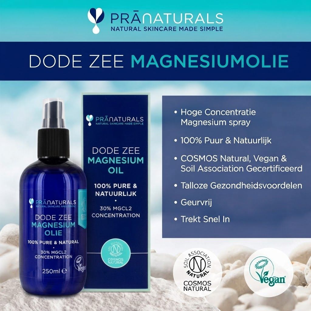 Fles en doos Dode Zee Magnesiumolie. 100% puur, 30% MGCL2 concentratie. COSMOS Natural, Vegan gecertificeerd.