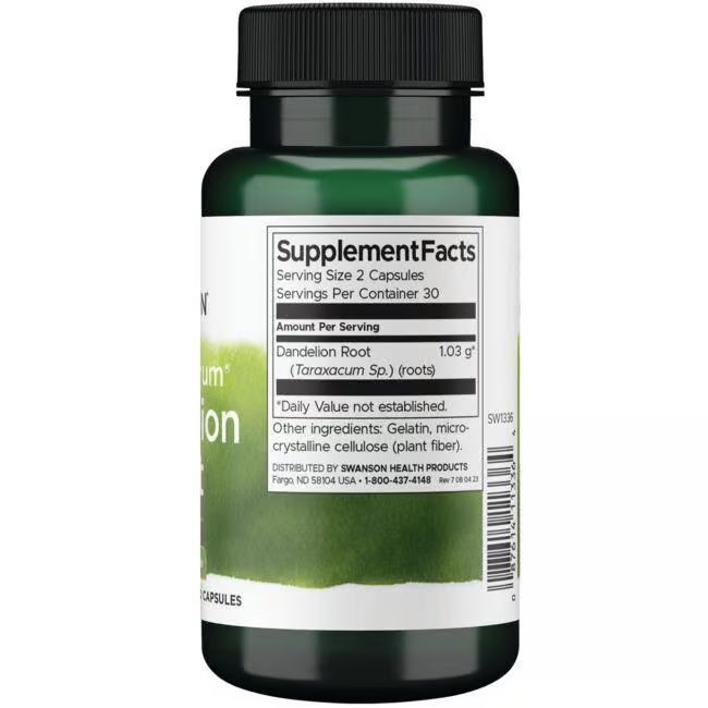 Dos du flacon vert. Inscription: Supplement Facts, Racine de pissenlit, 1,03 g, ingrédients, Swanson Health Products.