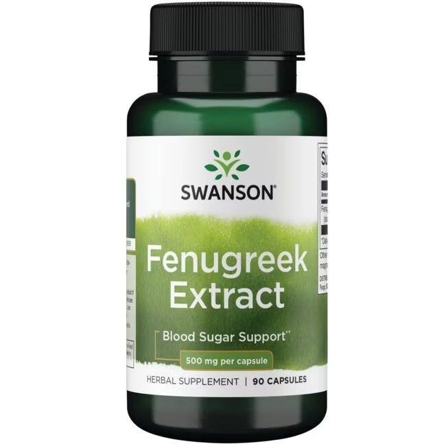 Flacon vert avec étiquette blanche. Inscription: Swanson, Extrait de fenugrec, 500 mg par capsule, 90 capsules.