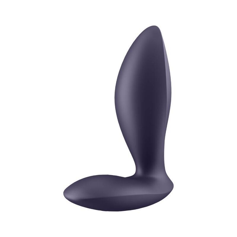 Vibrateur anal violet foncé vu de côté, de forme incurvée avec une base large.