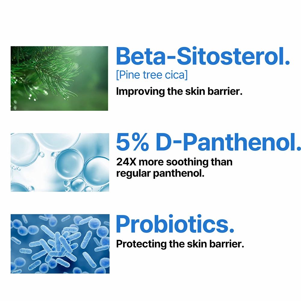 Graphique avec ingrédients : Beta-Sitosterol, 5% D-Panthénol, Probiotiques. Texte décrivant l'effet sur la peau.