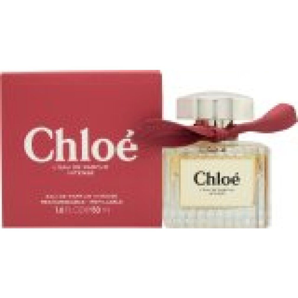 Flacon Chloé L'Eau de Parfum Intense à côté d'une boîte cadeau rouge, 50ml.