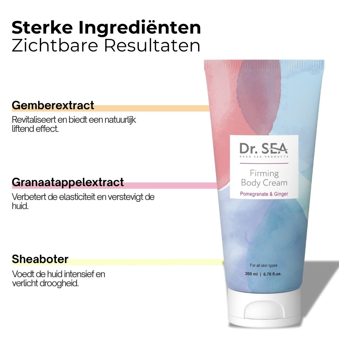 Bodycrèmetube met tekst. Tekst: Dr. SEA, Firming Body Cream, Granaatappel & Gember. Ingrediënten: Gember, Granaatappel, Sheaboter.