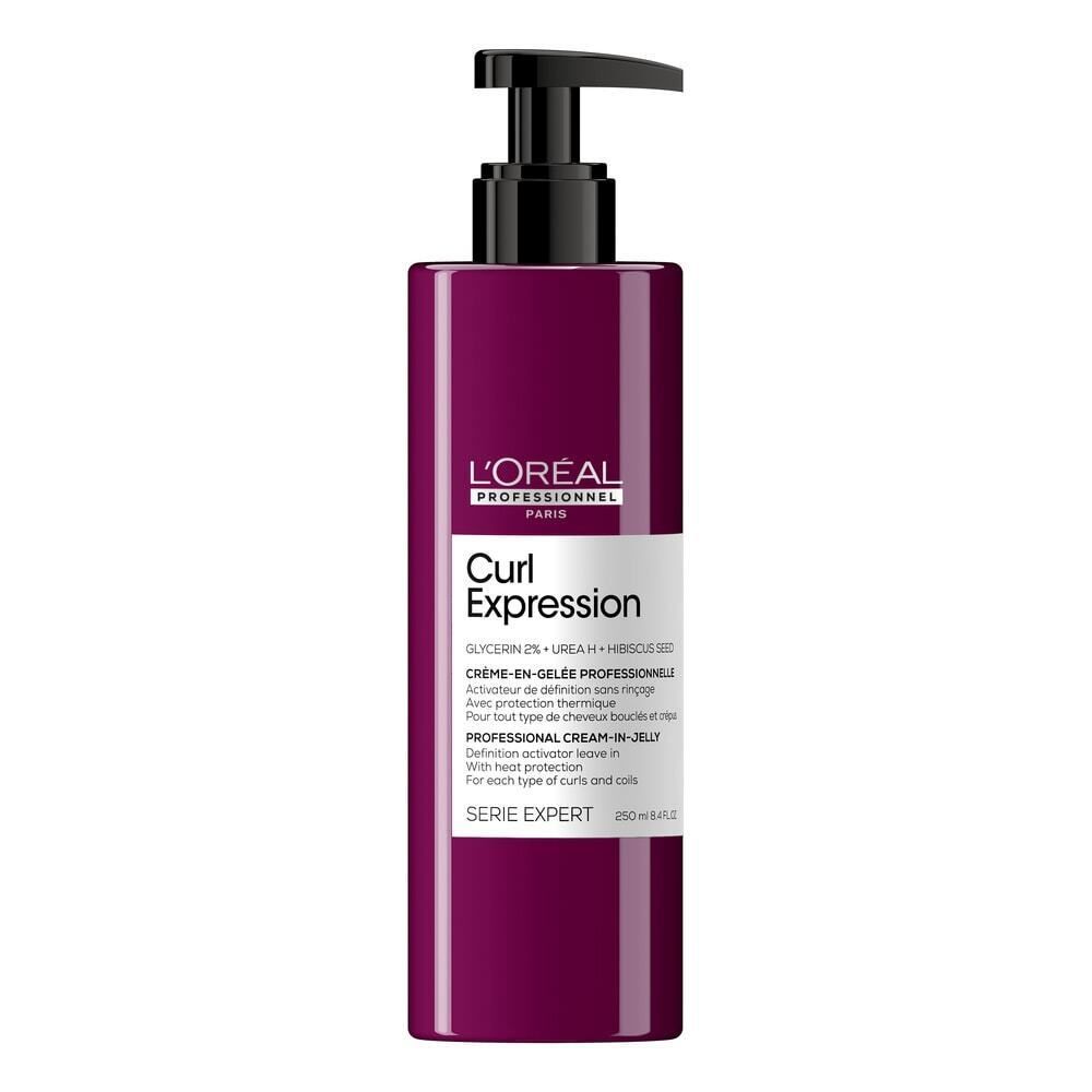 Paarse fles met zwarte pomp. Opschrift: L'Oréal Professionnel Curl Expression. Witte tekst op de fles.