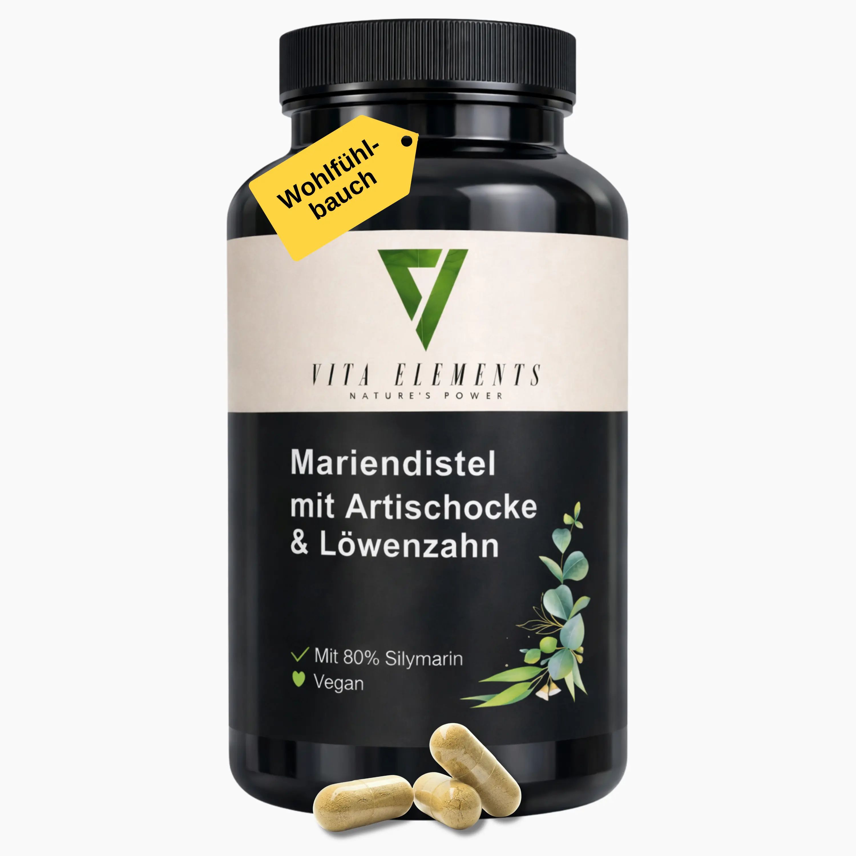 Pot noir de capsules Vita Elements Chardon-Marie. Étiquette jaune "Ventre bien-être".