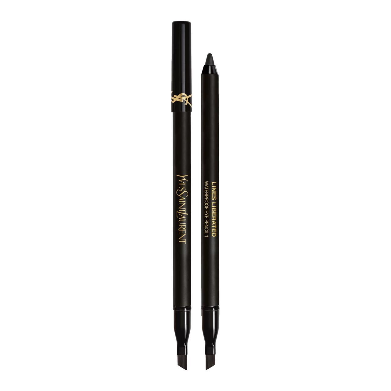 Twee zwarte Yves Saint Laurent Crayon Yeux Waterproof 01 eyeliners. Eén met logo, de andere met productnaam.