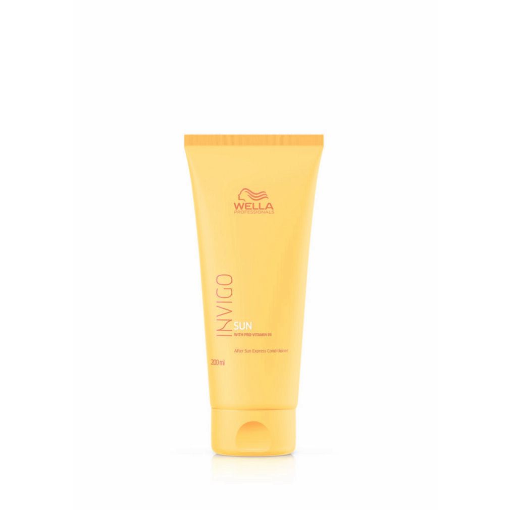Tube jaune de Wella Invigo Sun Conditioner. Nom du produit, texte et logo visibles. 200ml.
