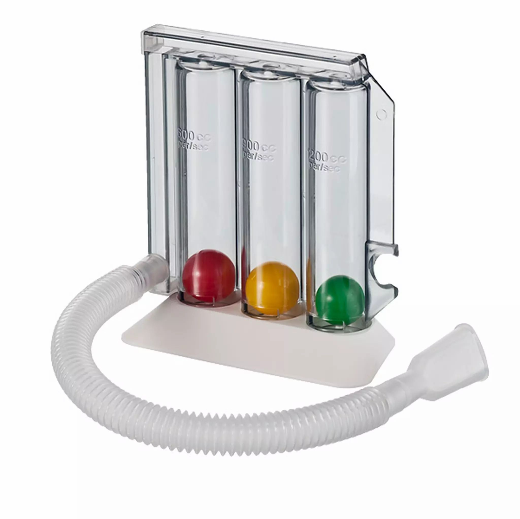 Un spiromètre à trois chambres avec trois billes colorées (rouge, jaune, vert) et un tube avec embout buccal.