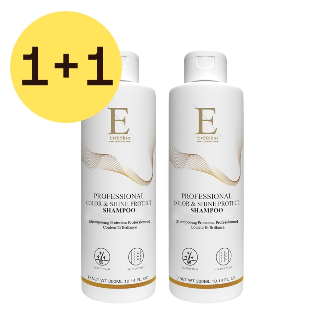 Twee witte shampoo flessen met gouden etiketten. Opschrift: Professional Color & Shine Protect Shampoo. Logo: ErthSkin. 1+1 aanbieding.