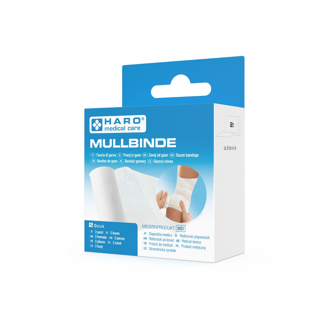 Emballage de Haro Mullbinde. Boîte bleue et blanche avec nom et logo du produit. Contient 2 rouleaux.