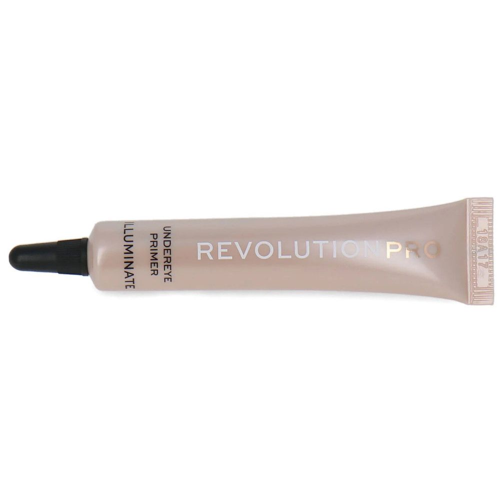 Tube beige avec embout noir. Inscription: REVOLUTION PRO, UNDEREYE PRIMER, ILLUMINATE.