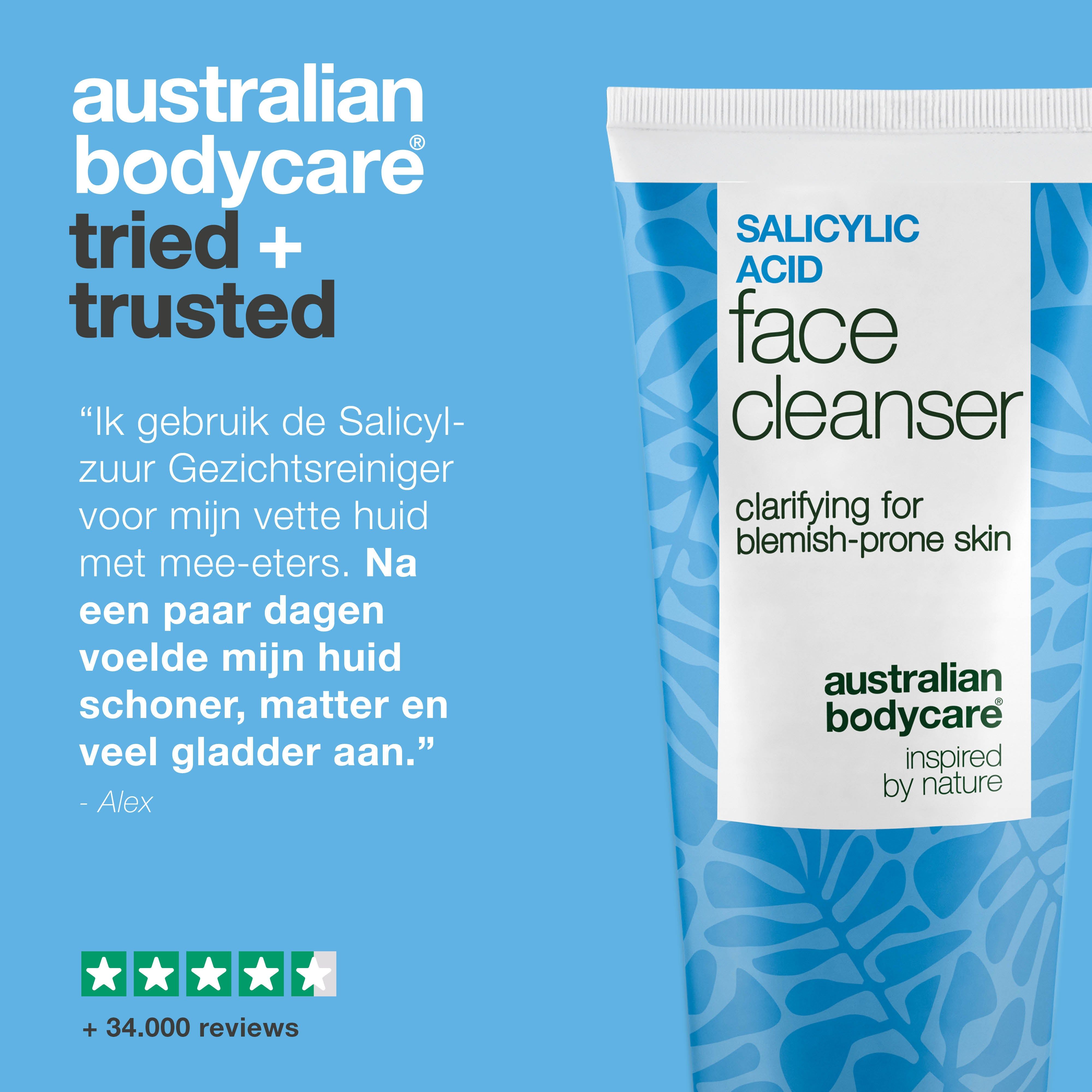 Tube "Salicylic Acid Face Cleanser" met tekst. Tekst: Ervaringsverslag. Merk: Australian Bodycare.