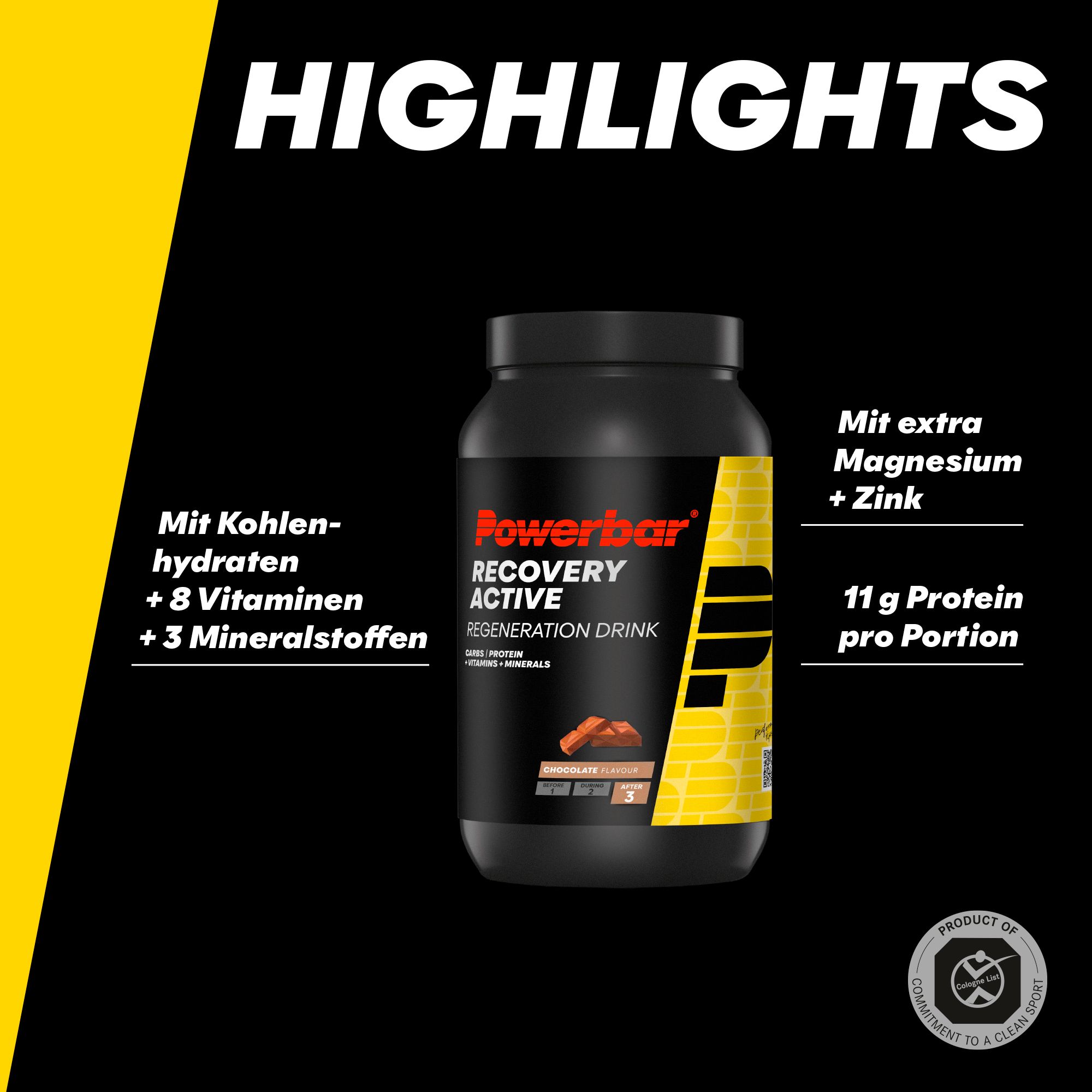 PowerBar Recovery Active Regeneratiedrank, chocoladesmaak. Pot met informatie over vitaminen en mineralen.
