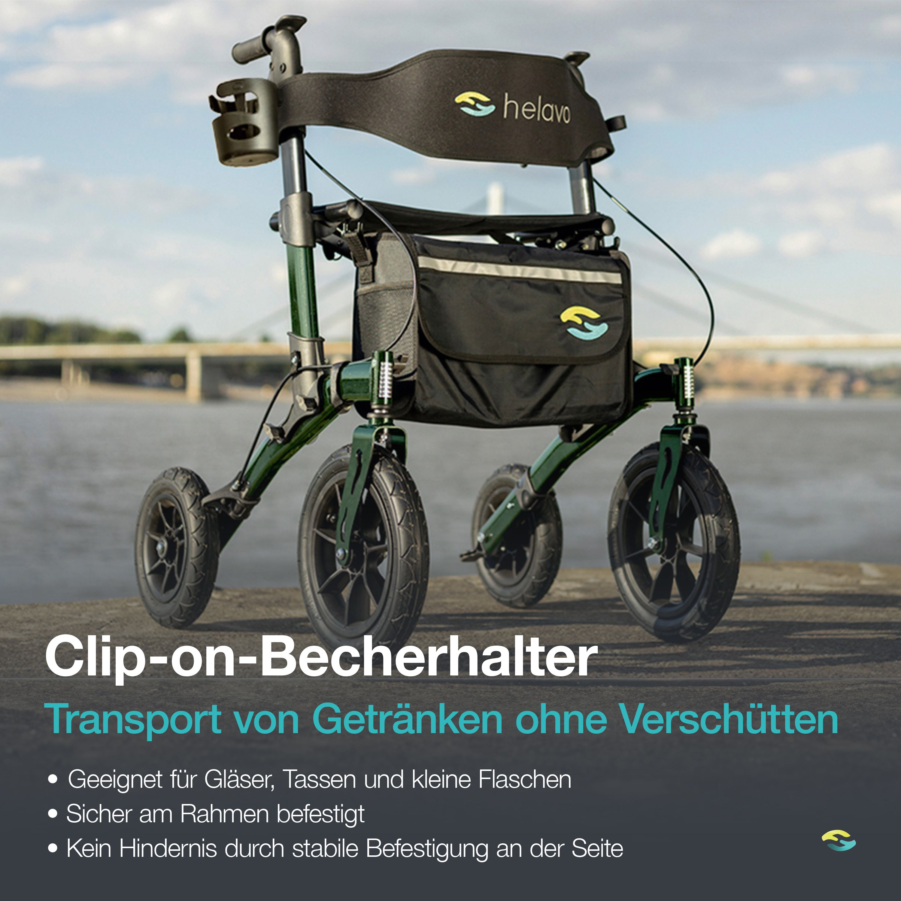 Rollator vert avec porte-gobelet à clipser sur le cadre. Convient aux verres, tasses et petites bouteilles.