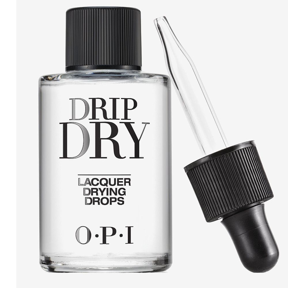 Flacon transparent avec bouchon noir et pipette. Inscription: Drip Dry, Lacquer Drying Drops, O.P.I.