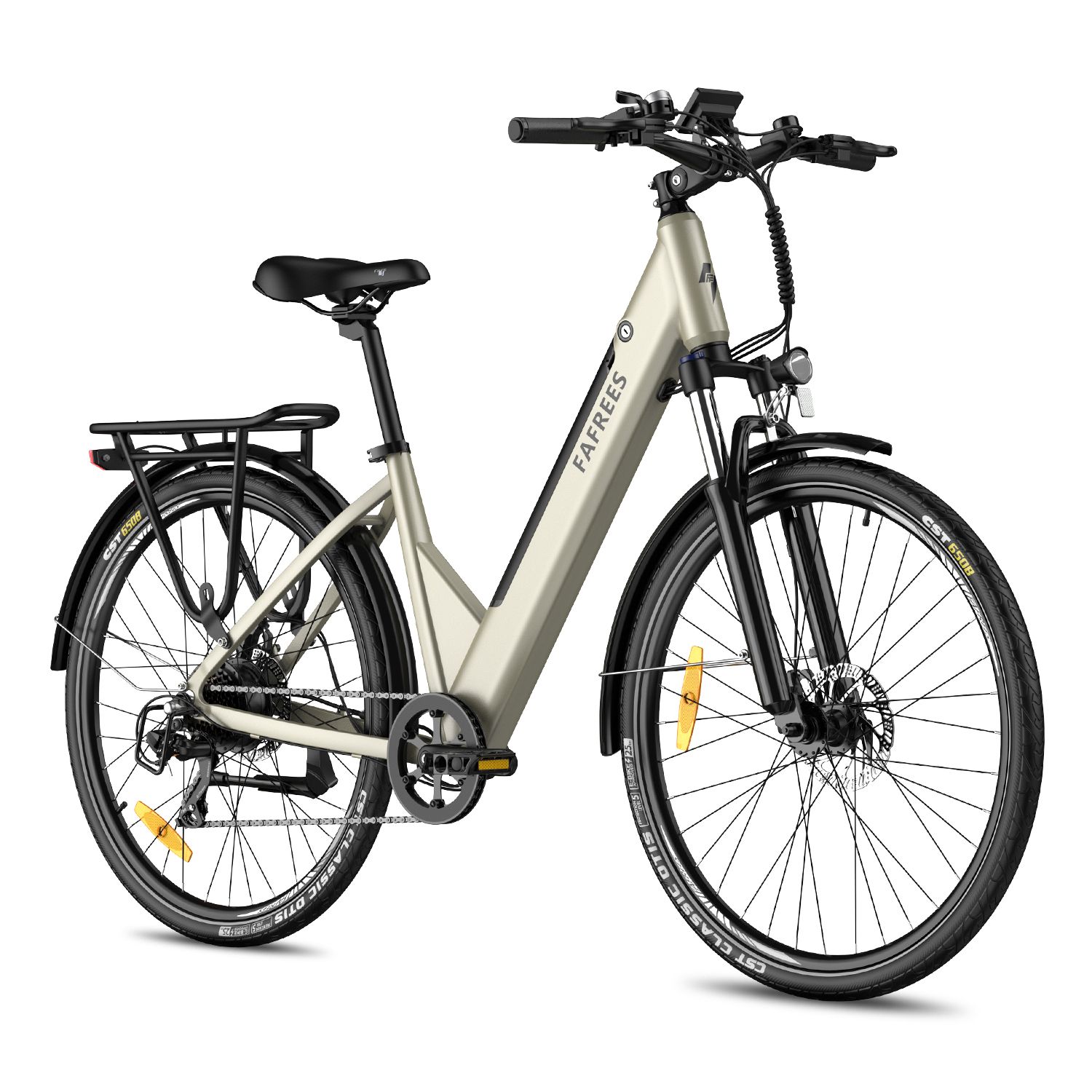 Vélo électrique Fafrees F28 Pro beige, détails noirs. Porte-bagages, garde-boue, pneus CST. Marque visible.