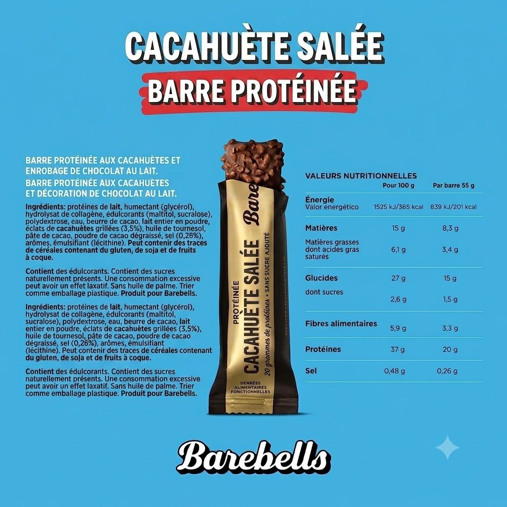 Barre protéinée Barebells "Cacahuète Salée" avec valeurs nutritionnelles et ingrédients en français.