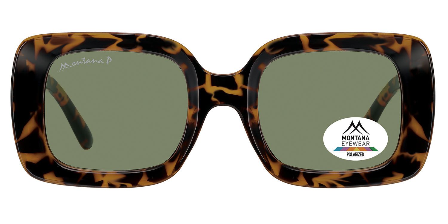 Lunettes de soleil à monture marron écaille et verres verts. Un autocollant sur le verre affiche le logo et l'inscription "POLARIZED".