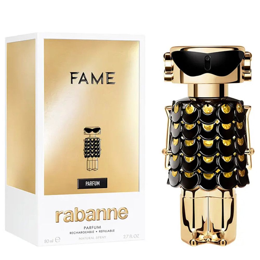 Flacon doré avec détails noirs et emballage. Inscription "FAME PARFUM" et "rabanne".